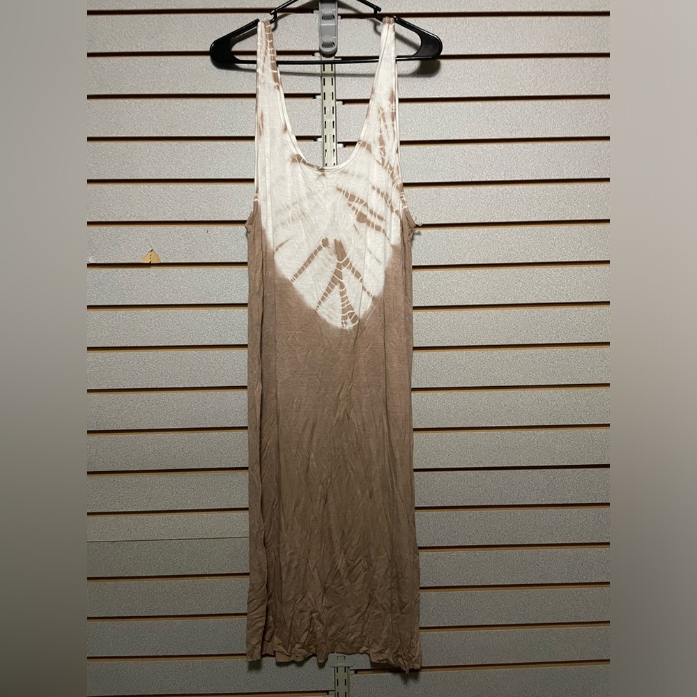 Primi Tan White Tank Midi Dress Large Raw Hem Tie‎ Dye